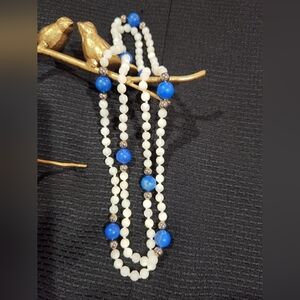 Mother of Pearl & Lapis Knotted Bead Necklace, Vintage